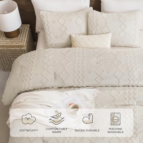Image of Andency Beige Tufted Comforter Set Full(79x90Inch), 3 Pieces(1 Boho Comforter, 2 Pillowcases) Textured Farmhouse Bed, Soft Down Alternative Geometric Bedding Set