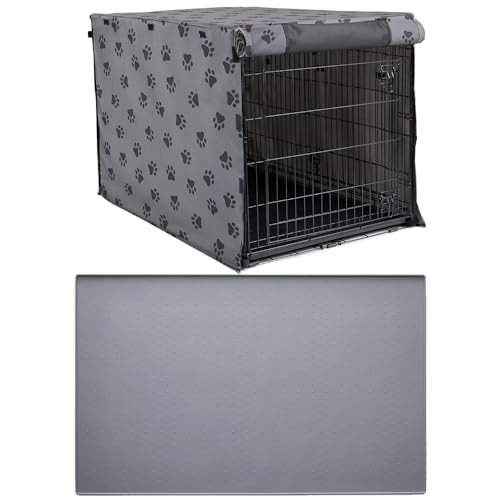 GORILLA GRIP Dog Crate Cover, 42in, GrayBlackPaw and Dog Food Mat, 18.5x11.5, Gray Bundle