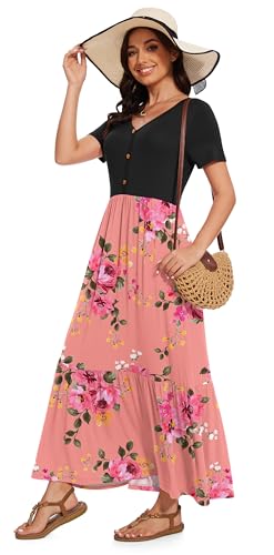 Image of VIISHOW Women's Short Sleeve Maxi Dress 2026 Summer V Neck Knit Loose Plain Empire Waist Casual Dresses with Pockets