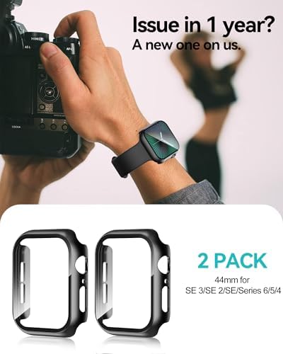 Smiling 2 Pack Case Compatible with Apple Watch SE 3 (2025)/ SE 2/ SE/Series 6/5/4 44mm with Tempered Glass Screen Protector, Hard PC Case Overall Protective Cover - Black - 5
