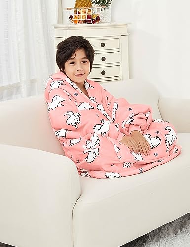 Image of KFUBUO Wearable Blanket Hoodie for Kids With Pocket, 6-10 Year Old, Dog | Sherpa, Heavy Material, Oversized Sweatshirt Blanket, Kids Blanket, Girl Boy Gifts, Hooded Blanket Kids, Cozy Gifts for Kids