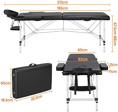 Yaheetech Portable Massage Table Foldable Spa Bed Tattoo Bed 2 Sections Beauty Bed Aluminium Therapy Couch Bed w/Cover Bag Black