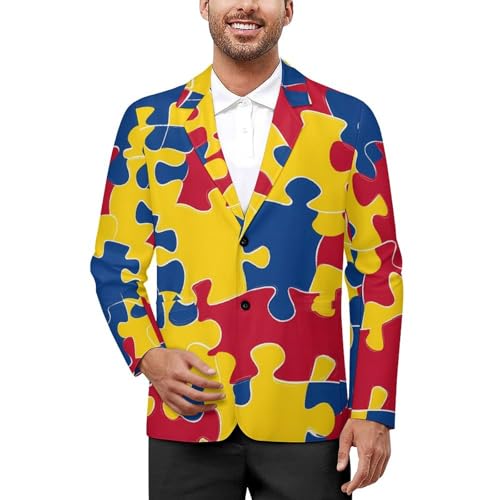 Puzzlees Pieces Austim Men's Slim Suit Long-Sleeve Prom Tuxedo Classic Two Button Business Jacket