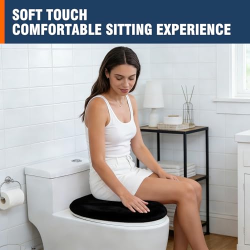 Comfortable Soft Plush Toilet Lid Cover for Bathroom, Machine Washable Toilet Seat Covers, Fits Most Round Elongated and Oblong Lids, Easy Installation& Cleaning (Black) - Thumbnail 4