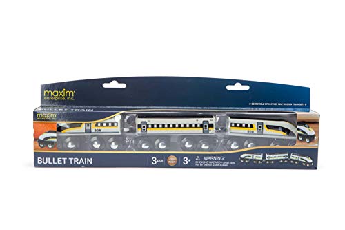 Maxim Enterprise, inc. Wooden Bullet Train, Wooden Train Set of 2 Modern Engines 1 Sleek Passenger Car with Magnetic Connectors, Compatible with Thomas & Friends, BRIO, Other Major Brands