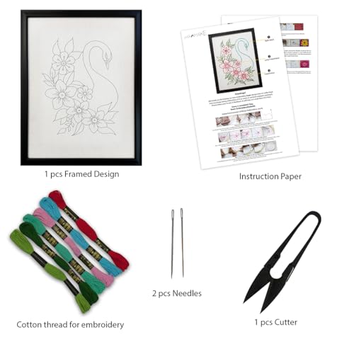 Image of picknMAKE Hand Cross Stitch Embroidery Kits for Beginners Adults with Cloth Fabric, Framed White Swan Pattern to do Embroidery with Instruction and All Material Included