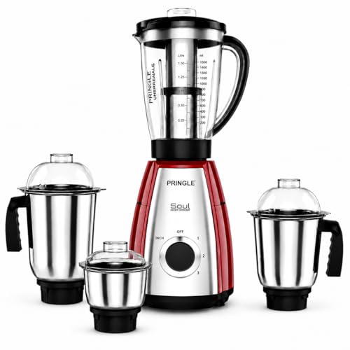 Image of Pringle Soul Maxx 750W Mixer Grinder 4 Jar | 5 Yr Warranty | 60 Min Non Stop Running | 3 SS Jars (Liquidizing, Wet & Dry Grind, Chutney Jar) 1 Juicer Jar | Copper Motor | SS Blades | Red