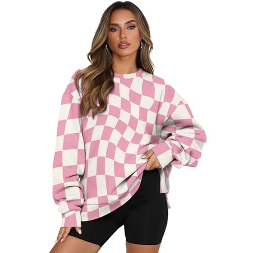 HUGS IDEA Pink Checkered Women's Sweatshirt with Pockets Oversized Graphic