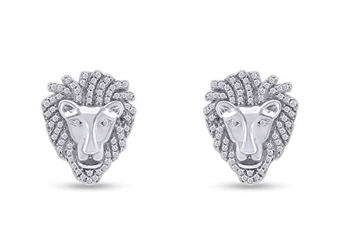 14K White Gold Over Sterling Silver White Cubic Zirconia Lion Head Stud Earrings For Mens #TOP1