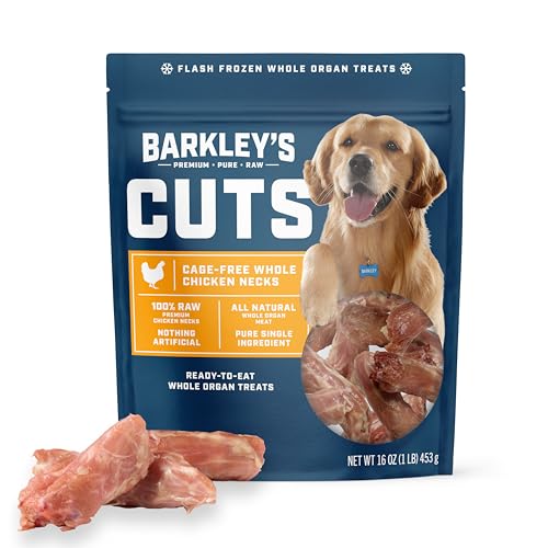 Barkley’s Cuts, Frozen Raw Whole Chicken Necks Dog Treats, Single Ingredient, Flash Frozen, Training Treats, Food Toppers for Puppies & Dogs, for All Dog Breeds, Ages & Sizes, 16 Oz Bag (1 Pack)