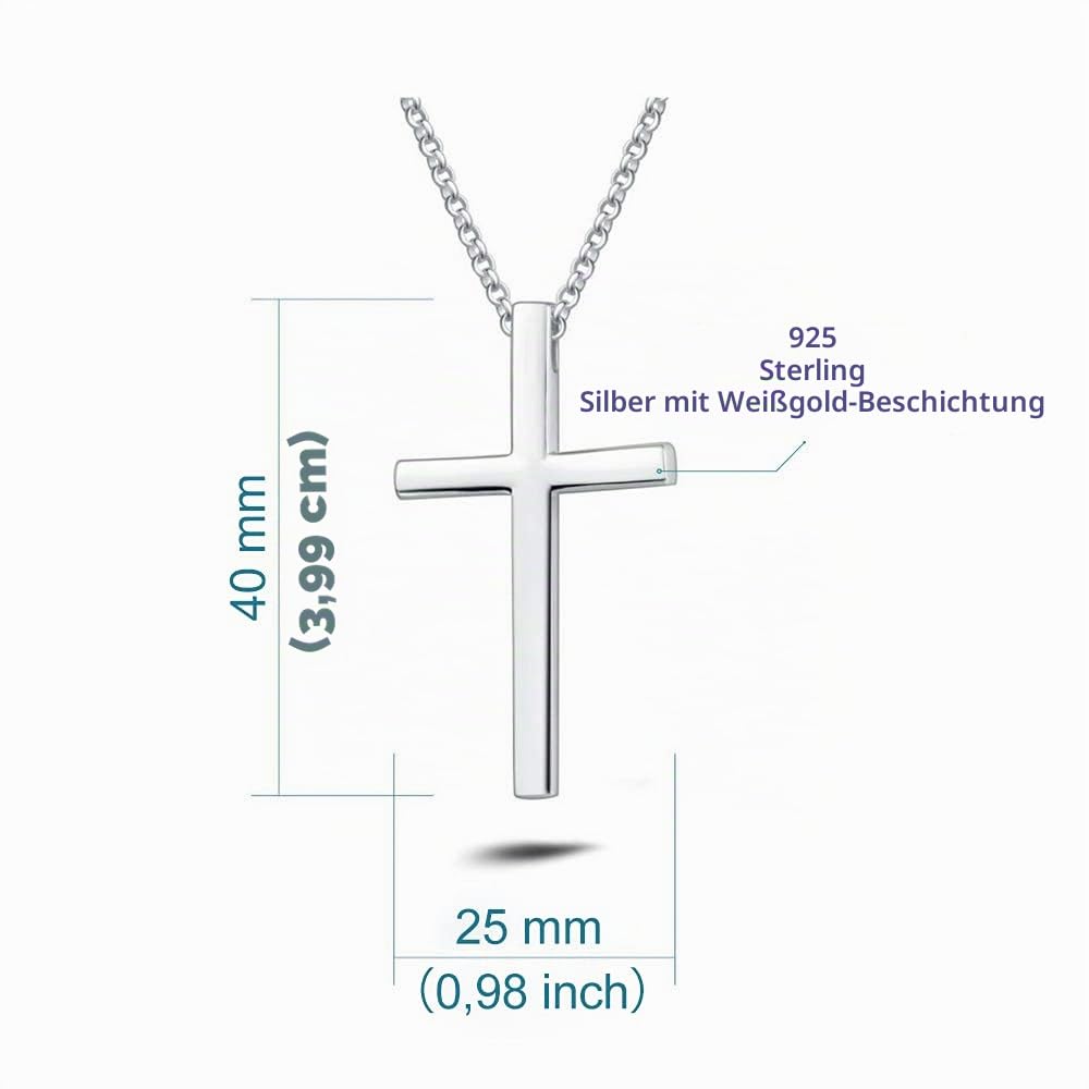FANCIME Solide 925 Sterling Silber mit Weiß Vergoldet Kreuz Anhänger mit Silber Kette für Herren Jungs Kinder - Kettenlänge: 60 cm