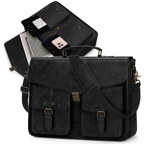 RAINSMORE Messenger Bag für Herren 17 Zoll Laptop Aktentasche Wasserdicht PU Leder Große Satchel Computertasche Vintage Umhängetasche Professionelle Laptoptasche für Arbeit, Büro, Business, Schwarz