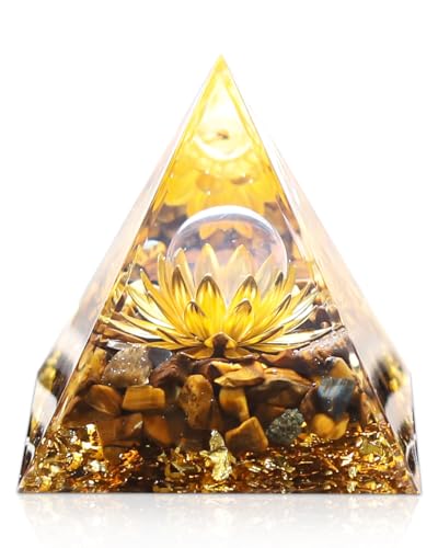 Image of Orgone Pyramid with Healing Crystals - (Flower of Life) - Energy Generator for Positive Vibe, Stress Relief & Chakra Reiki Meditation - Spiritual Gift for Success, Wealth & Prosperity (Golden)
