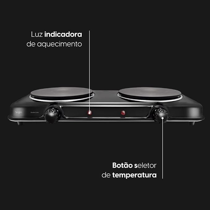 Close no painel frontal do fogão elétrico Elgin destacando a luz indicadora e o botão seletor de temperatura