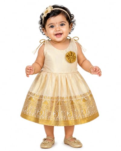 Image of Sathiyas Cotton Kids Baby Girls Frocks | Knee Length Kerala Onam Tissue | Traditional Embroidered South Indian | Western Frock Princess Birthday | Dress for Girls