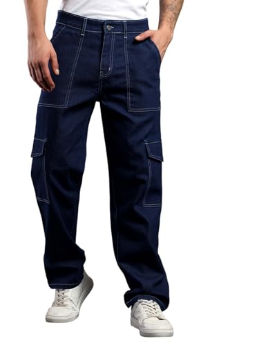 Image of KOTTY Men's Loose Fit Cargo Denim Jeans - Vintage Washed Utility Jeans with Side Pockets
