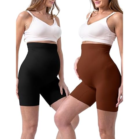 SUNNYBUY Women's Maternity Shapewear for Dresses, Seamless Mid-Thigh Pregnancy Underwear Over Belly Support, Black&Chocolate XL Cover