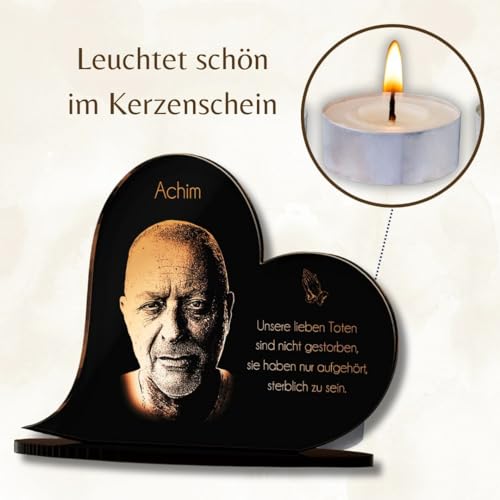 CHRISCK design Edles Gedenkstandbild Gedenktafel mit Gravur Fotogravur | Grabstein Herz-Form liegend in 2 Größen Grabschmuck graviert für Menschen Grabplatte | im Kerzenschein schön Leuchtend