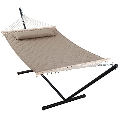Lazcorner Double Hammock with 12 Feet Heavy Duty Steel Stand Combo, 2 Person Quilted Fabric Hammocks with Stand for Outdoors Indoors, 450 LBS Weight Capacity, Light Brown