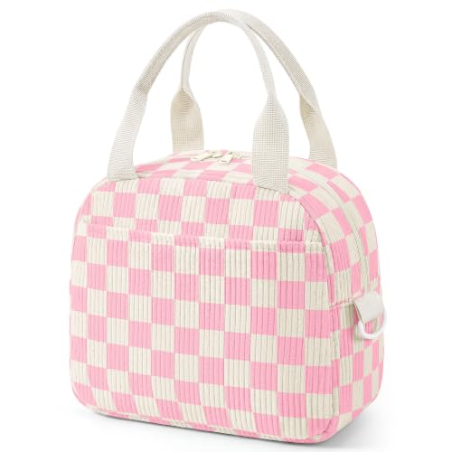 WOBAGMEN Lunch Box for Women,Lunch Bag Cute Corduroy Insulated Lunch Box With Shoulder Strap for Adult Womens for Work Picnic (Pink Gingham)