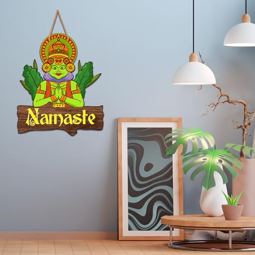 Image of Decor Smart Wooden Wall Hanging | Decorative Wall Art | Traditional Namaste Plaque with Kathakali Design | Indian Style Home Decor Accent | Decoration for Bedroom | Entryway & Living Room (DWA 8703)