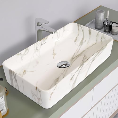 Image of Plantex Wash Basin for Bathroom /Ceramic Tabletop WashBasin /Sink /Basin for Bathroom /Restaurant, Hotel (Marble Finish, 24 x 13 x 5 Inch)