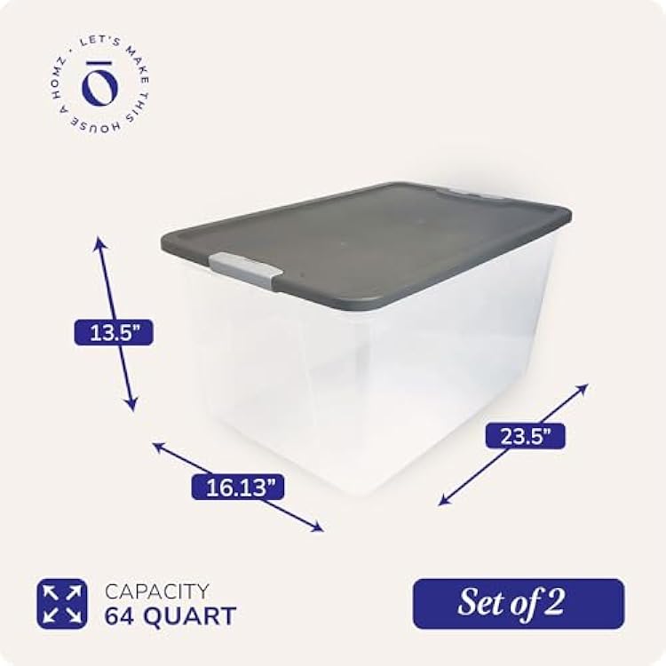 HOMZ 2-Pack Secure Latch, Clear Plastic Storage Organizer Bins, 64 Quart, Gray Lid - Heavy-Duty Container Boxes with Lids for Home, Office, and Garage