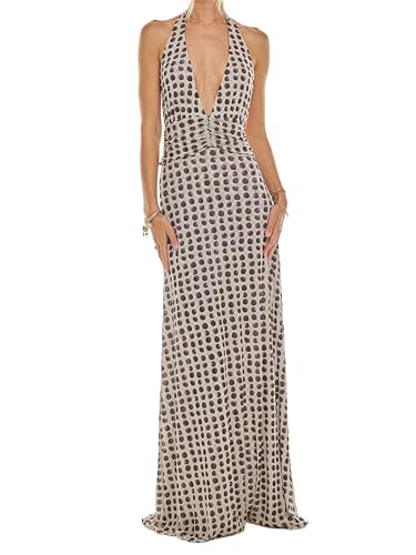 Felcia Sommer-Maxi-Cocktailkleid, Boho, Neckholder, V-Ausschnitt, rückenfrei, fließend, trendig, Rüschen, Sommerkleid für Damen 2025, A-schwarz, L