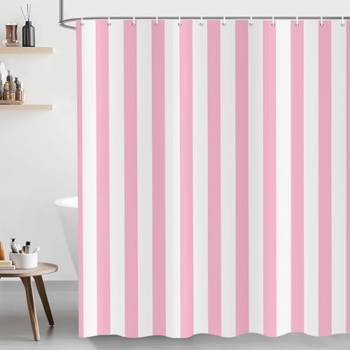 Rideau de douche rayures verticales rose et blanc style moderne minimaliste
