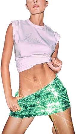 Women Glitter Belly Dance Skirt Tassel Fringe Hip Scarf High Waist Sparkly Party Mini Sequin Skirts