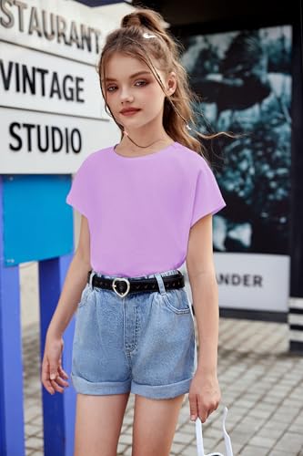 Image of Arshiner Girls Shirt Crop Tops Short Sleeve Summer Drop Shoulder Batwing Sleeve Crewneck Loose T Shirt Tee