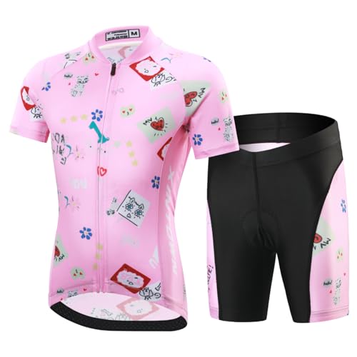 Amur Leopard Enfant Ensemble Maillot de Cyclisme à Manches Courtes + Cuissard Shorts avec Coussin pour Garçon Fille, Rose-Set, XXXL/12-13 Ans