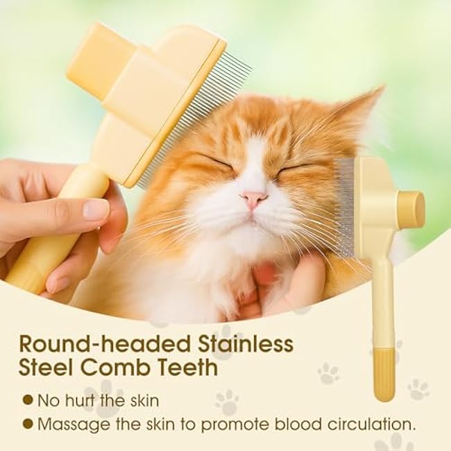 Self-Cleaning Cat and Dog Comb ¨C 2-in-1 Pet Hair Removal and Flea Comb with Stainless Steel Teeth and One-touch Release Button, Suitable for Hair Removal, Detangling, and Grooming Yellow-NdPDHj5U