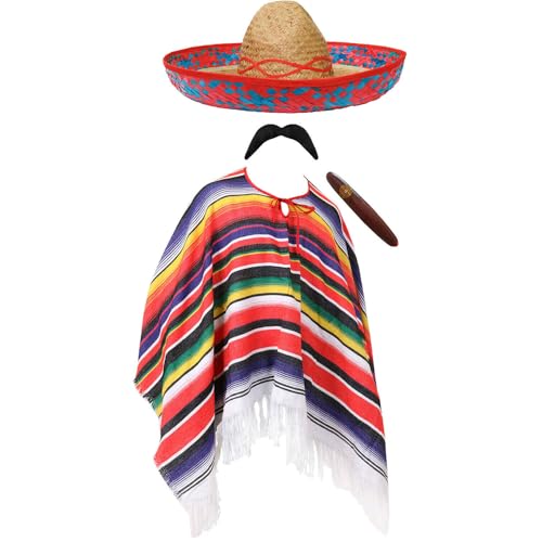 Costume mexicain adulte – Poncho multicolore, ombrero de fête mexicaine, faux cigare, fausse moustache – Déguisement Mexique Cinco de Mayo pour homme et femme