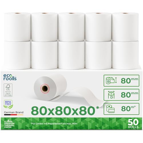 ECO ROOLLS® Thermorollen 80mm x 80mm x 12mm [Für alle üblichen Kassensysteme] - Kassenrollen 80x80x12 Thermo - Bonrollen Thermopapier - Geeignet für Drucksysteme mit Papierbedarf bis 80m (50 Stk)