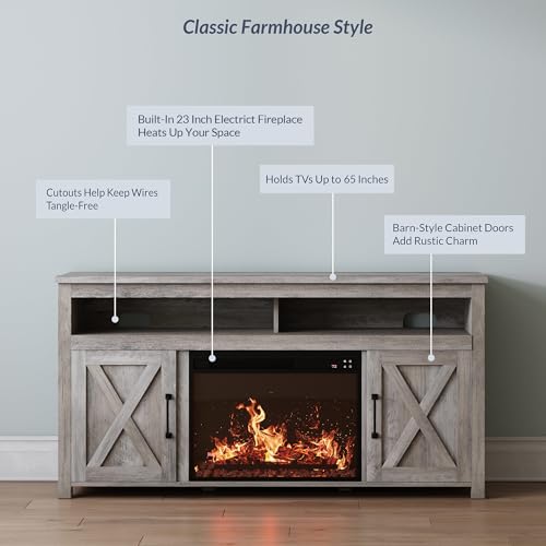 image for BELLEZE Barn Door Wood Electric Fireplace TV Stand for TVs up to 65 In