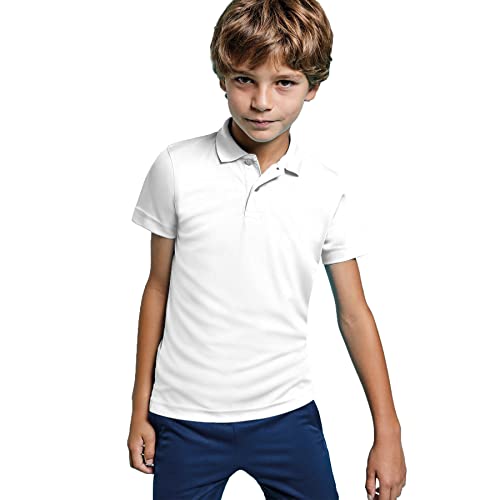 Polo Deporte con Manga Corta para niños, Cuello clásico y Tres Botones - Camiseta Deportiva Unisex Transpirable de Colores (4 Años, Blanco)