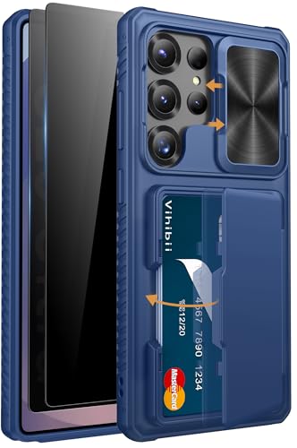 Vihibii for Samsung Galaxy S25 Ultra Case with Card Holder (4 Cards), Built-in 2X Privacy Screen Protector, Slide Lens Cover, Rugged & Shockproof Wallet Case for S25 Ultra 6.9" 5G, Blue
