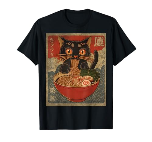Vintage Cat Ramen Japanese Funny Graphic Kawaii Cat Anime Camiseta