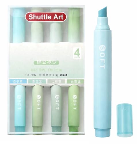 Image of Shuttle Art Aesthetic Cute Pastel Highlighter Pen Set (4 Pcs) - Soft Color Ink Highlighters, Quick Dry No Bleed Marker Pens with Chisel Tip for Notes, Journaling, Study & Office Stationery (Green)