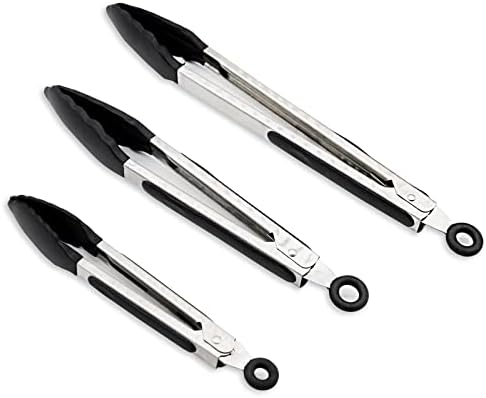 ertoory 3 Pack Stainless Steel Kitchen Tongs for Cooking 7/9/12 inch with Wide Silicone Tips - 600ºF High Heat-Resistant for Cooking, Grill, BBQ, Salad, Frying, Baking, Serving