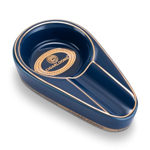 CIGARLOONG Cigar Ashtray Ceramic with Large Slot,Non-Slip Ashtray for Indoor Outdoor Patio Home Office Use (Dark Blue)