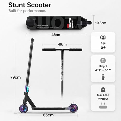 SUOTU Hulajnoga Wyczynowe, Skrętne w 360°, Hulajnoga do Trików Wyczynowe z Kołami PU 100 mm, Stunt Scooter Dla Dzieci, Młodzieży i Dorosłych, Nośność: 100 kg, Aluminium (Czarno- tęczowy)