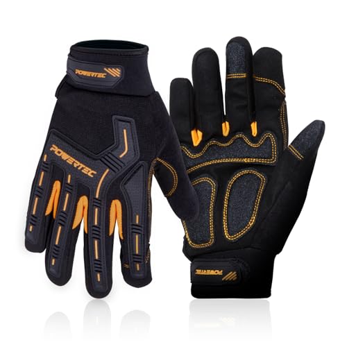 Image of POWERTEC Heavy Duty Work Gloves | Safety Gloves with Touch Screen Flexible Breathable, Abrasion-Resistant Slip-Proof Leather on Palm for Excellent Grip and Shockproof, 1 Pair (size L) (71955)