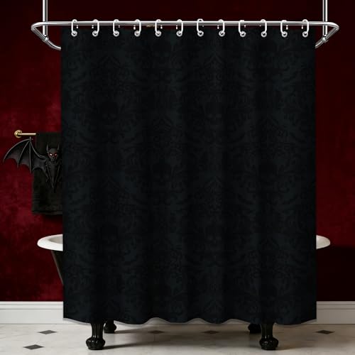 Tonmue Gothic Skull Shower Curtain Bat Goth Black Grey Bathroom Decor Waterproof Cloth Fabric with Hooks 70 W x 72 L