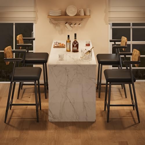 Image of GarveeHome Counter Height Bar Stools Set of 2 with Arms, 26 in Upholstered Modern Bar Stools Set with Wood Back & Footrest for Kitchen Island, Counter Bar, Wider Seat, Easy Assembly, Retro Brown