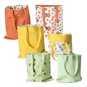 Double-Sided Canvas Tote Bags, Reusable Grocery Shopping Bags for Women, Girls and Kids, Pack of 3 (Orange,Yellow, Green)