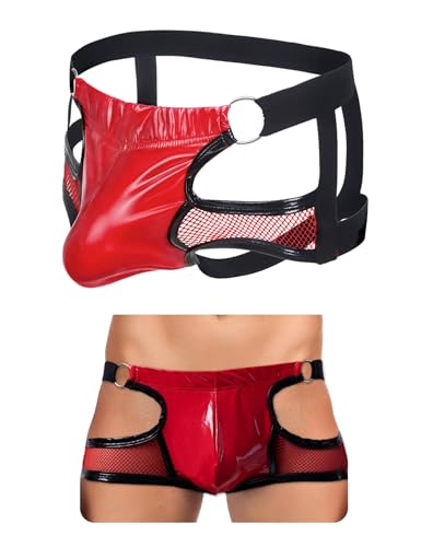 comeondear Sexy Boxershorts Herren mit Öffnung Lack Boxer Wetlook Shorts Jockstrap Männer Sissy Dessous Große Größen Lackleder Unterwäsche Hinten Offen Slip mit Beutel Gay Underwear Man Rot,L