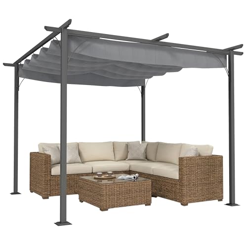 Outsunny 10' x 10' Outdoor Retractable Pergola Canopy, Metal Patio Shade Shelter for Backyard, Porch Party, Garden, Grill Gazebo, Gray