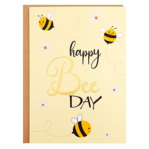 Birthday Card - Single Happy Bee Day Birthday Greeting Card For Bee Themed Party - Gold Foil Bees and Lettering on Yellow Textured Paper with Kraft Envelope - 5" x 7" - Blank Inside Cover
